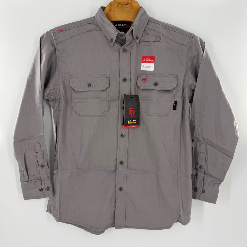 ARIAT MEN'S FR FLAME RESISTANT SOLID L/S WORK SHIRT IN SILVER FOX NEW SZ LARGE